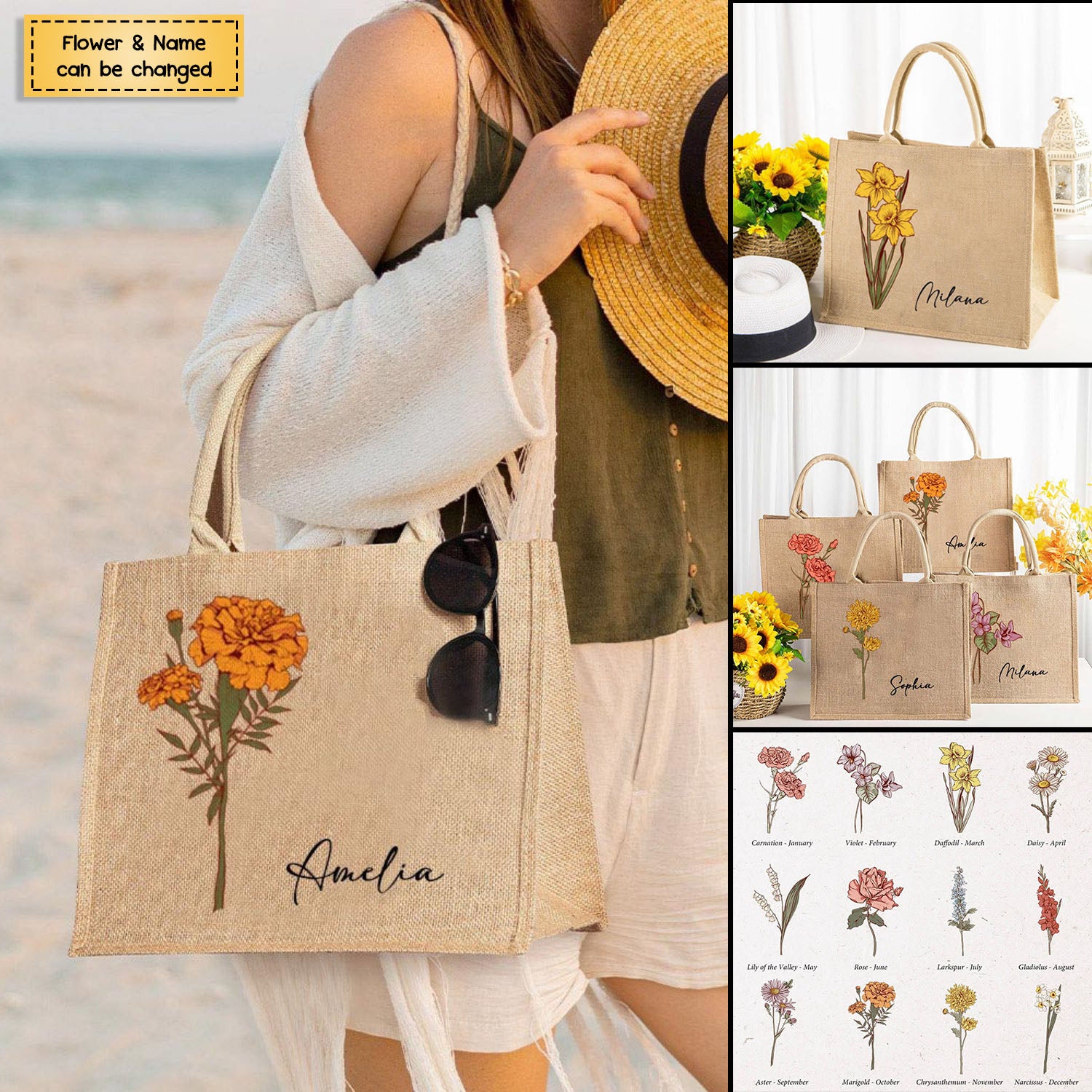 Personalized Birth Flower Beach Jute Tote Bag