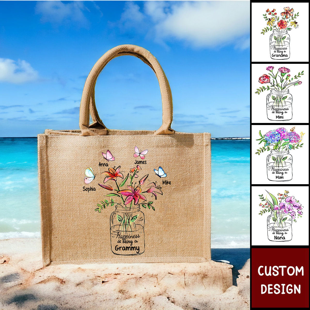 Happiness Is Being A Grandma Mom Vase of Flower - Personalized Jute Tote Bag