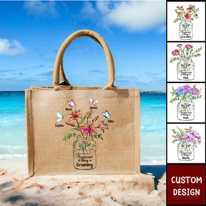 Happiness Is Being A Grandma Mom Vase of Flower - Personalized Jute Tote Bag