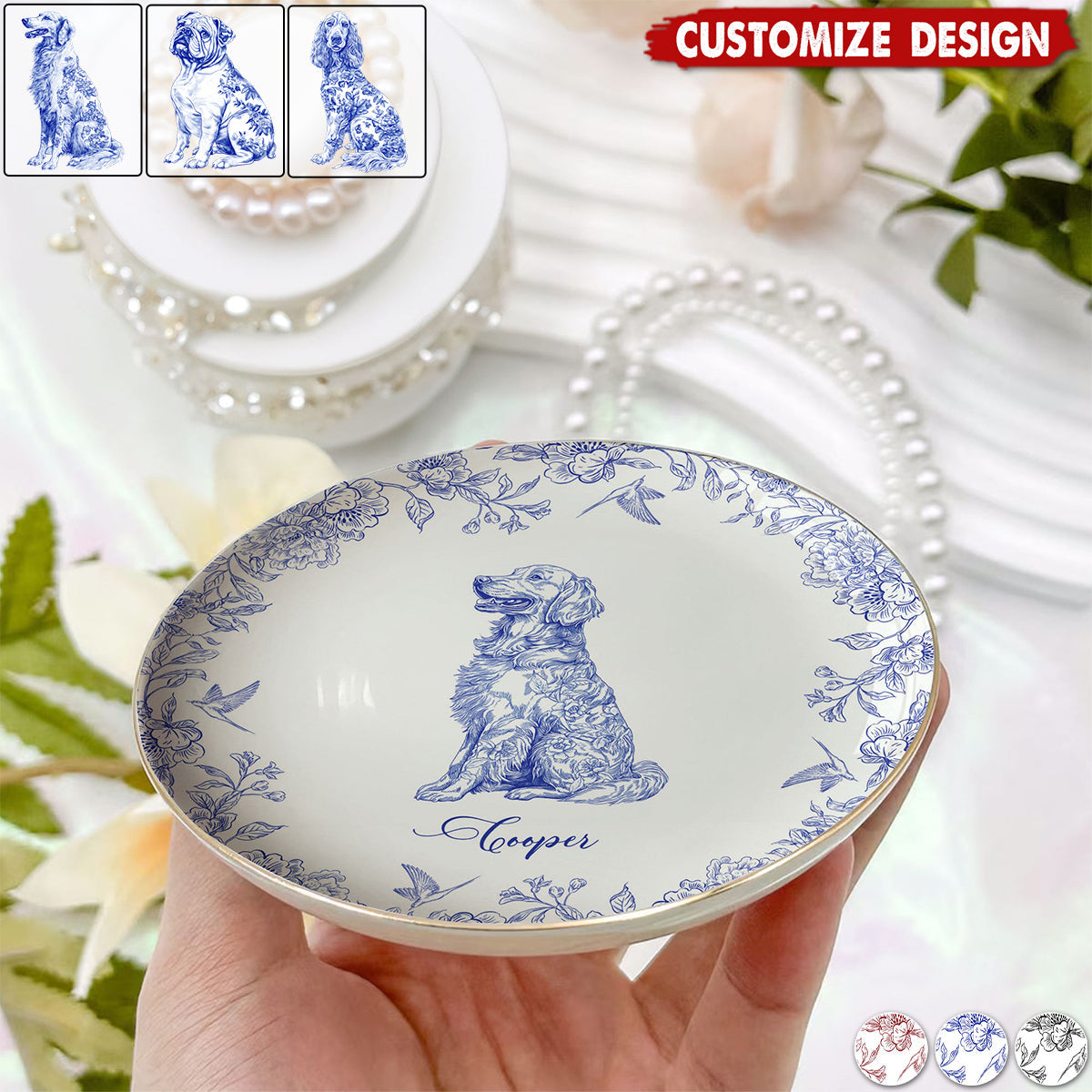 Dog Breeds Chinoiserie Toile De Jouy - Personalized Jewelry Dish - Gift For Dog Lovers