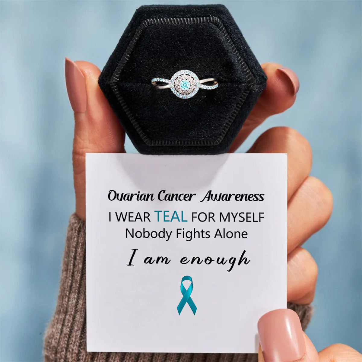 Ovarian Cancer Awareness-Teal Round Diamond Infinity Ring