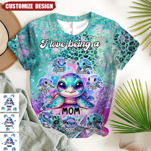Purple Teal Leopard Sea Turtle Nana Auntie Mom Kids, I Love Being A Grandma Personalized 3D T-shirt