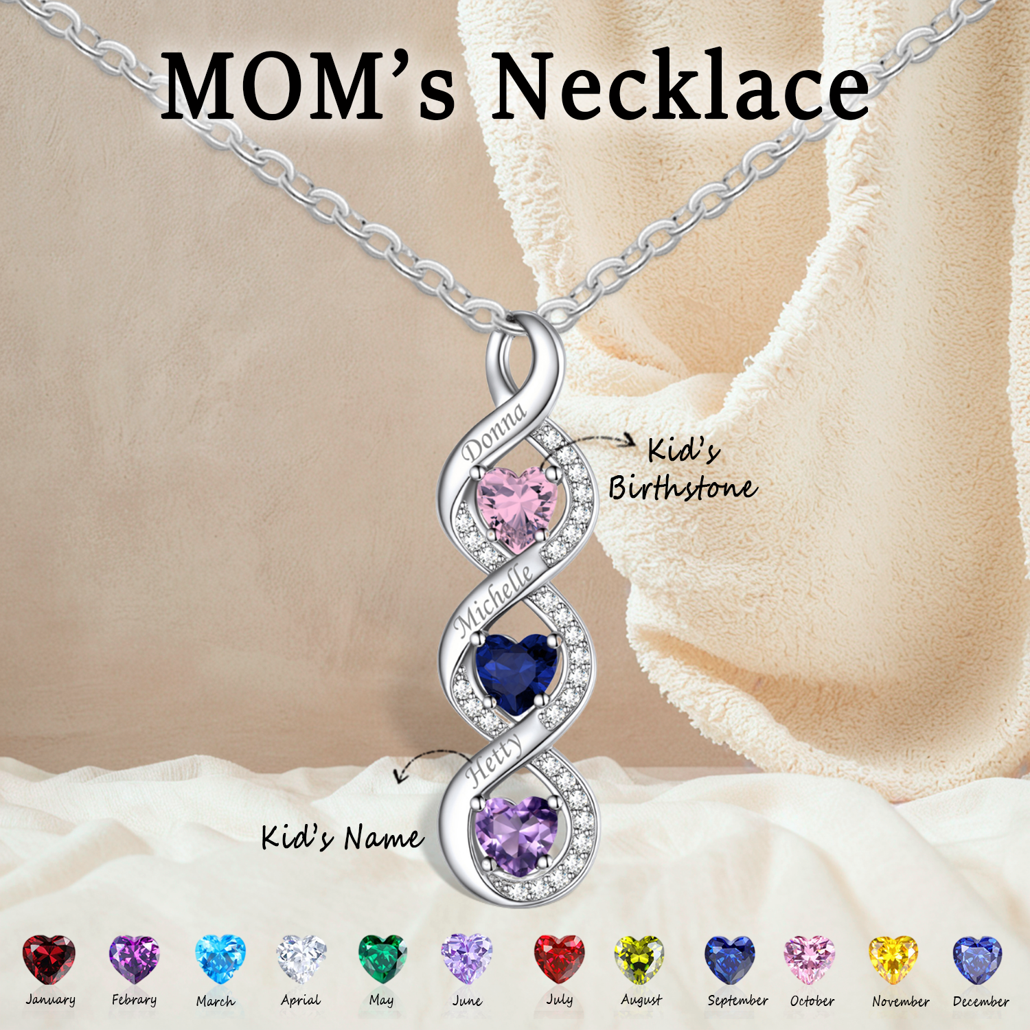 Personalized Infinity Heart Birthstone Necklace, Mother's Day Gift