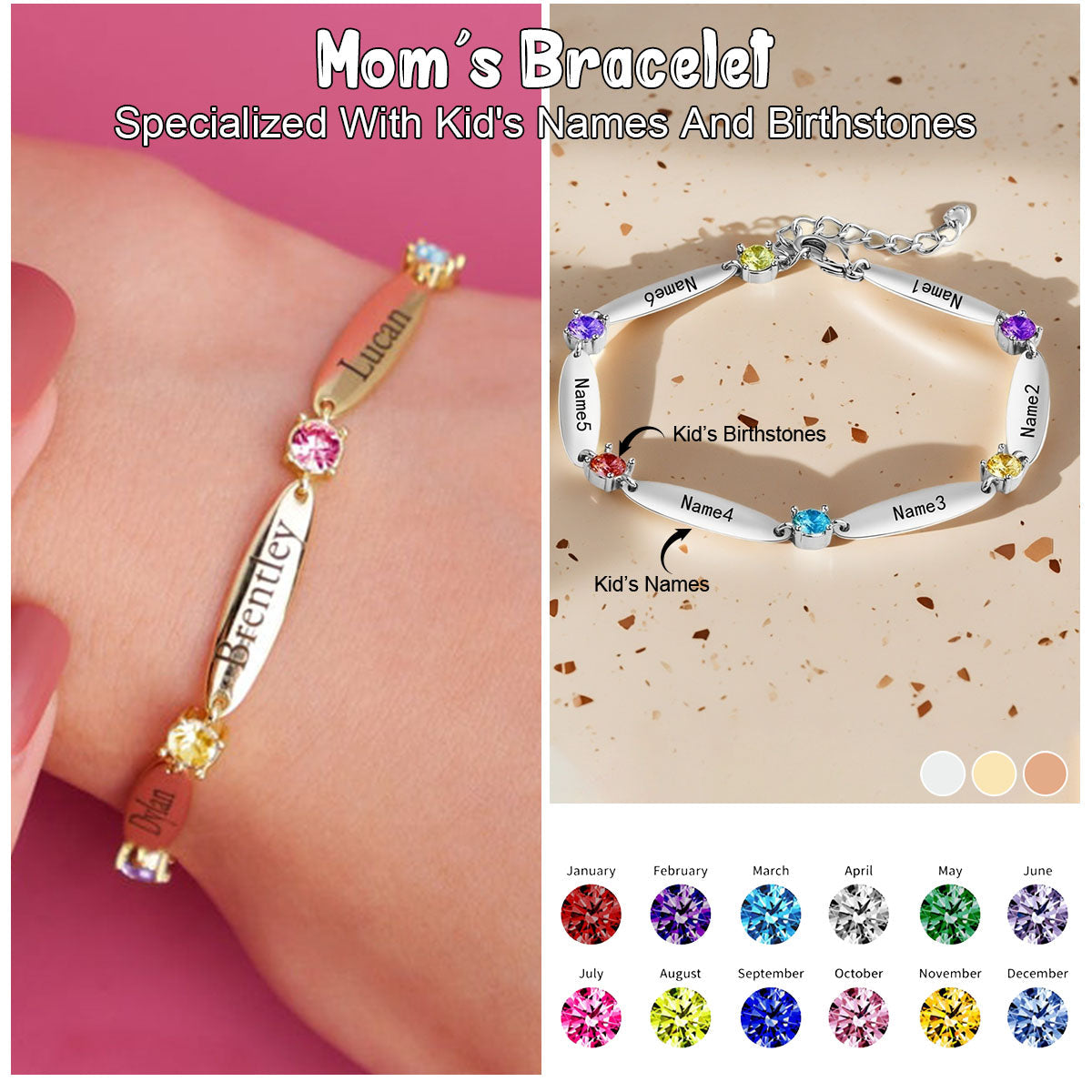 Personalized Family Name Bar Birthstone Bracelet-Gift For Mom/Grandma