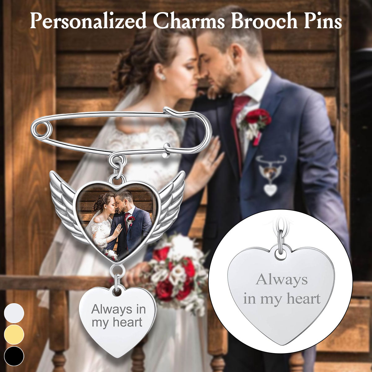 Personalized Angel Wing Wedding Bouquet Heart Picture Charms Brooch Pins