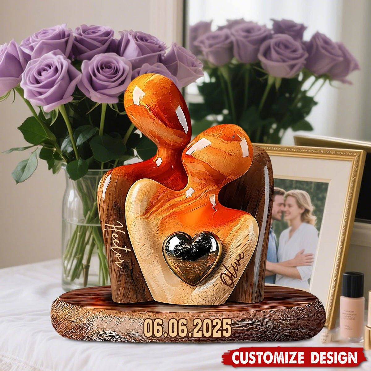 Elegant Couple Statue with Heart Inlay - Personalized Couple Wooden Plaque