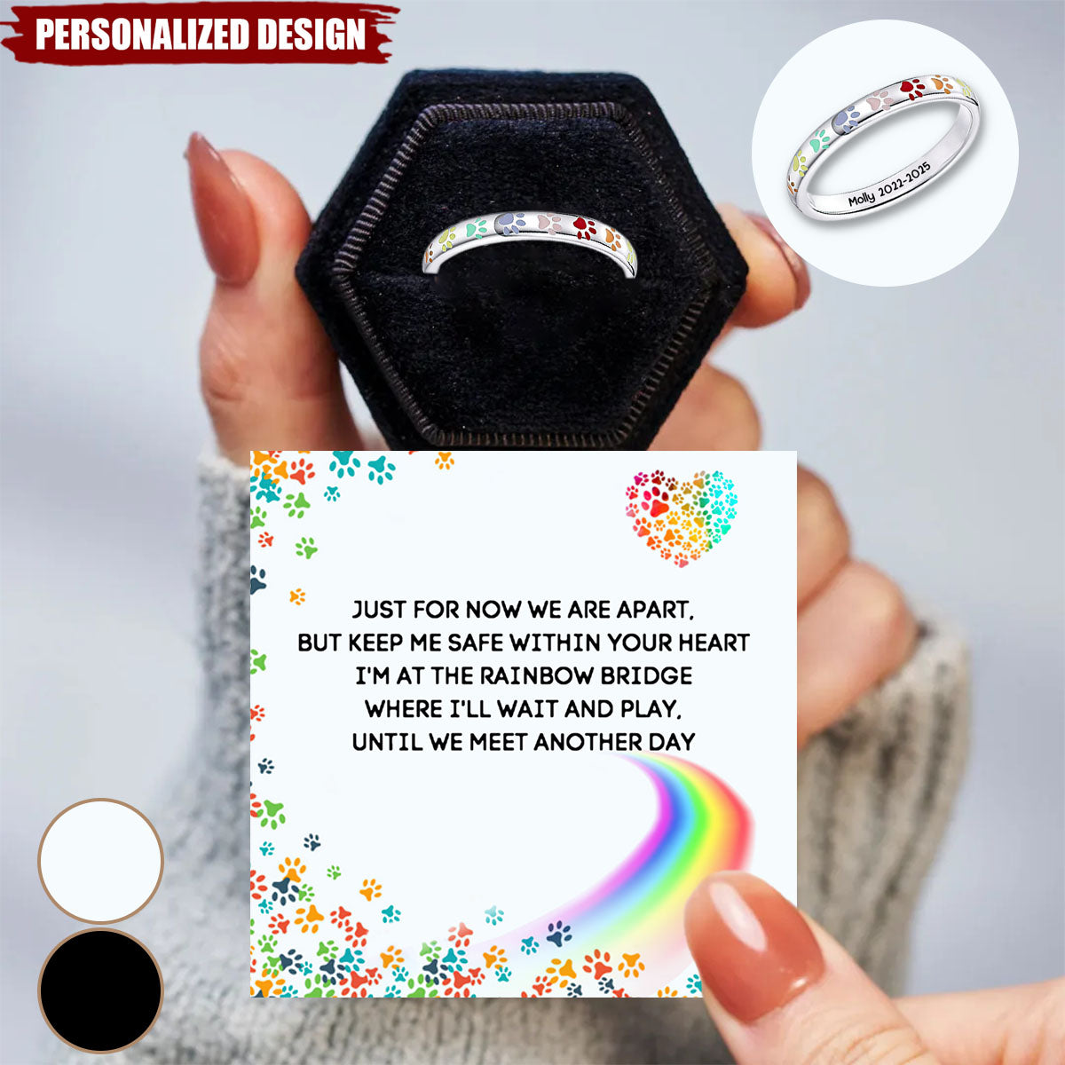 Personalized Memorial Ring with Paw Rainbow Puppy Collar Ring