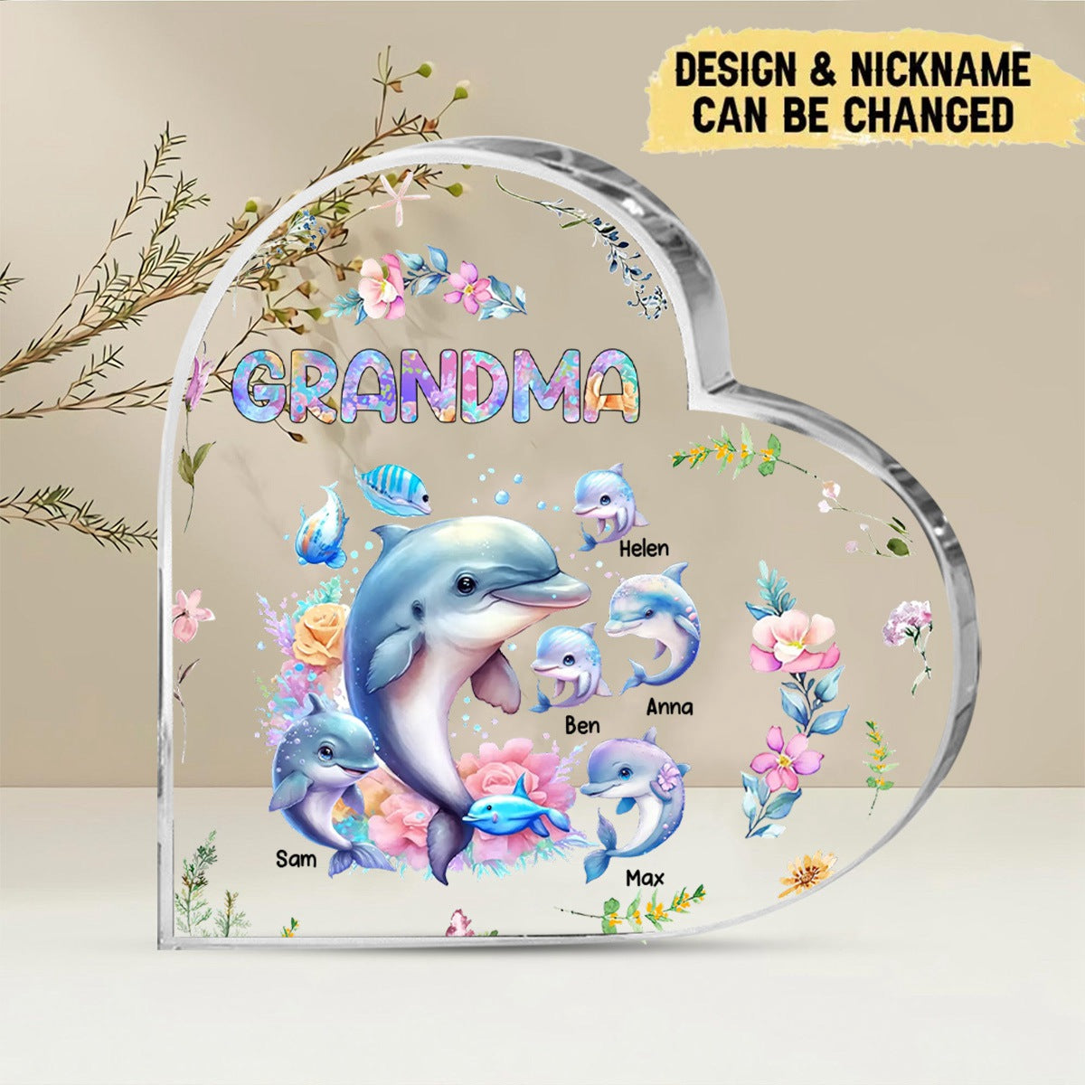 Personalized Grandma/Mom Dolphin with Kid Names Acrylic Plaque