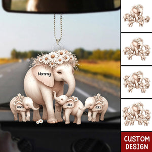 Mama Elephant With Little Kids - Personalized Acrylic Car Ornament - Mother's Day Gift