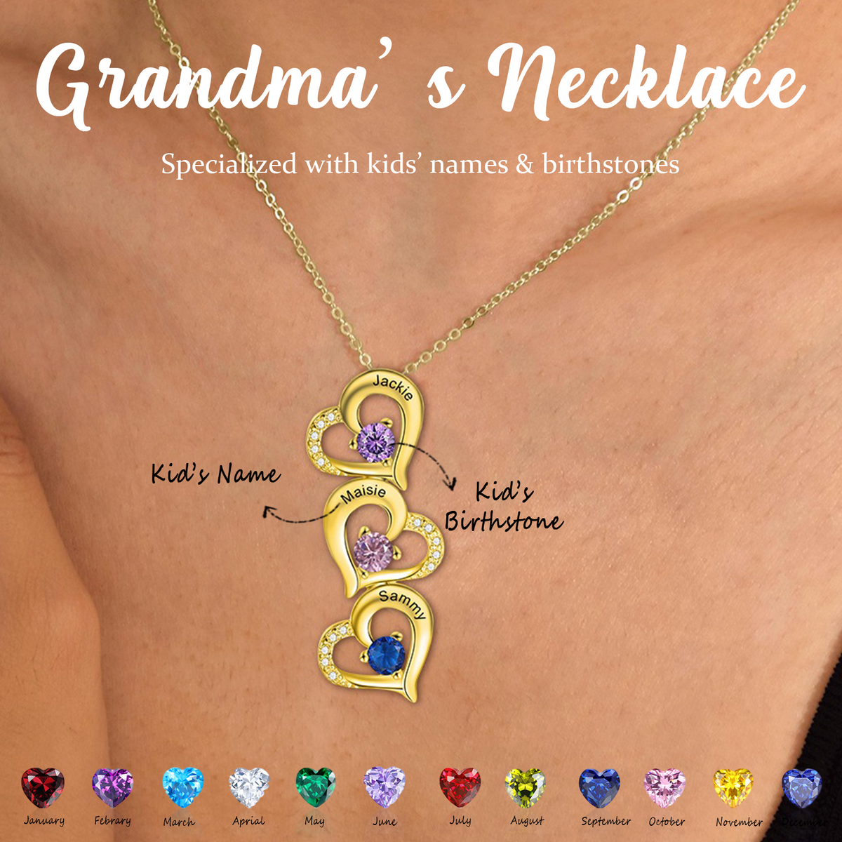 Personalized Heart Birthstone Necklace, Mother's Day Gift