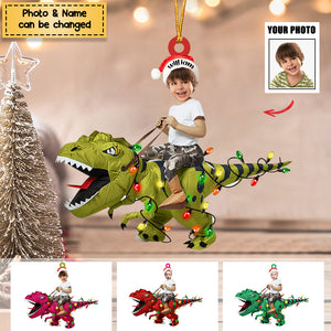 Personalized Cute Kid Rides The Dinosaurus Christmas Light Ornament