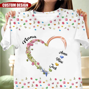 Personalized Grandma, Nana Flower Heart 3D T-shirt