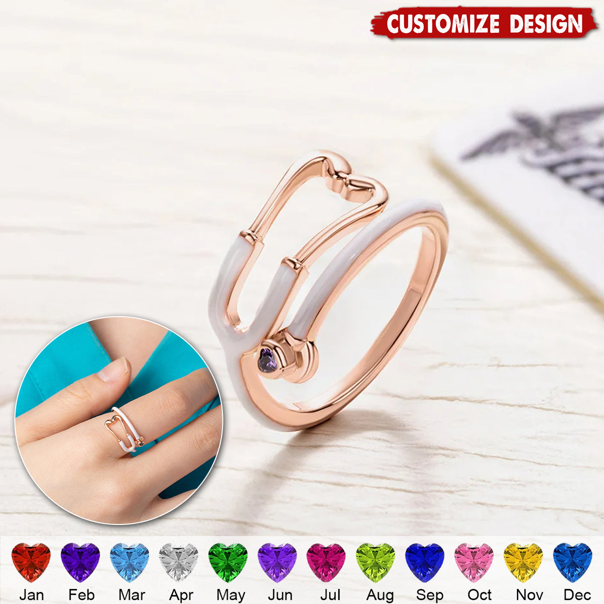 Personalized Heart Birthstone Ring Nurses Week - Appreciation Gift for Medical Staff