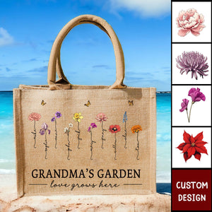 Grandma's Garden Love Grows Here - Personalized Jute Tote Bag