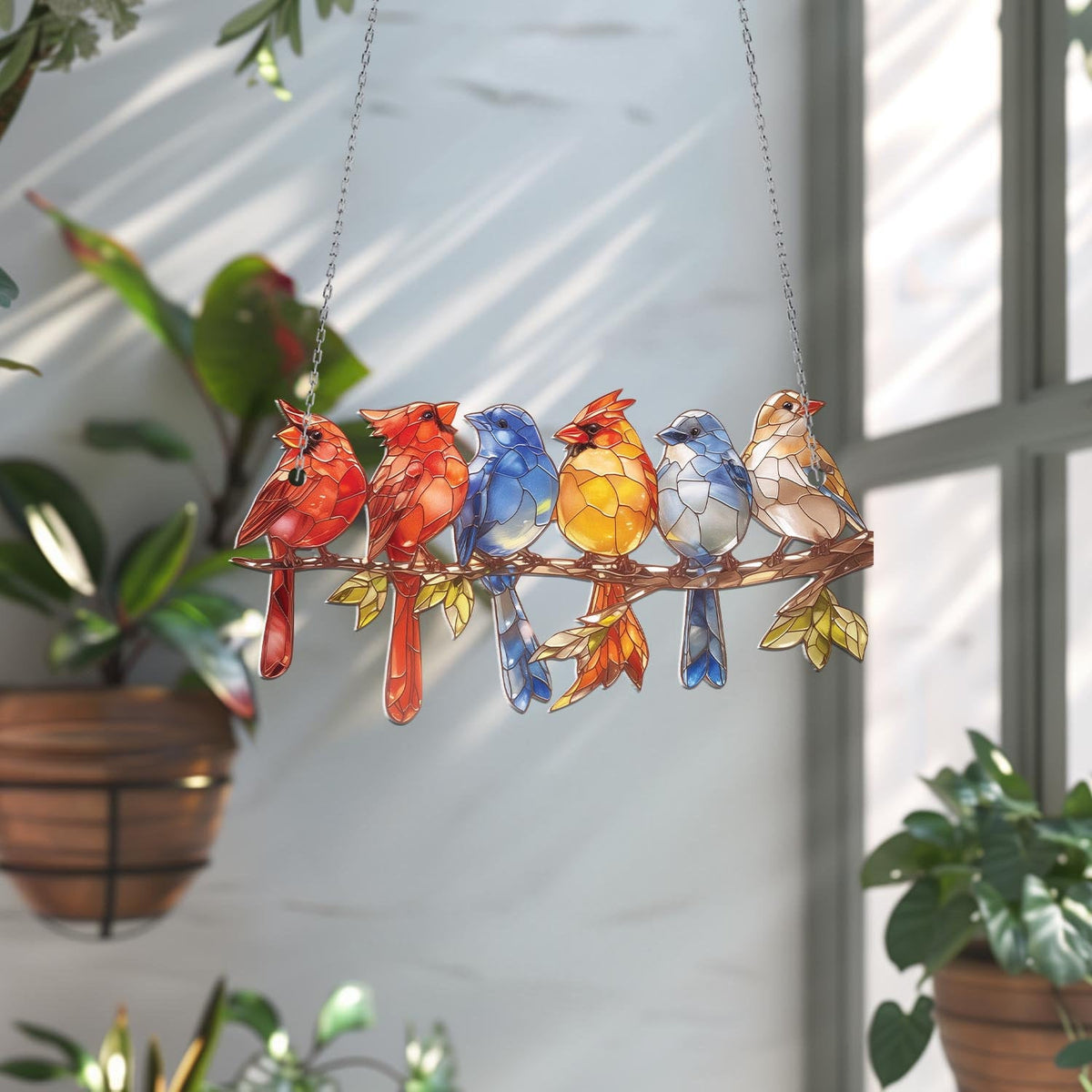 Six Little Bird on Branch - Window Hanging Suncatcher