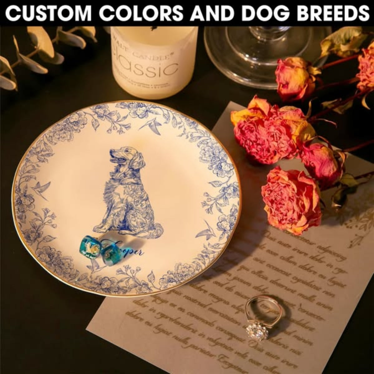 Dog Breeds Chinoiserie Toile De Jouy - Personalized Jewelry Dish - Gift For Dog Lovers