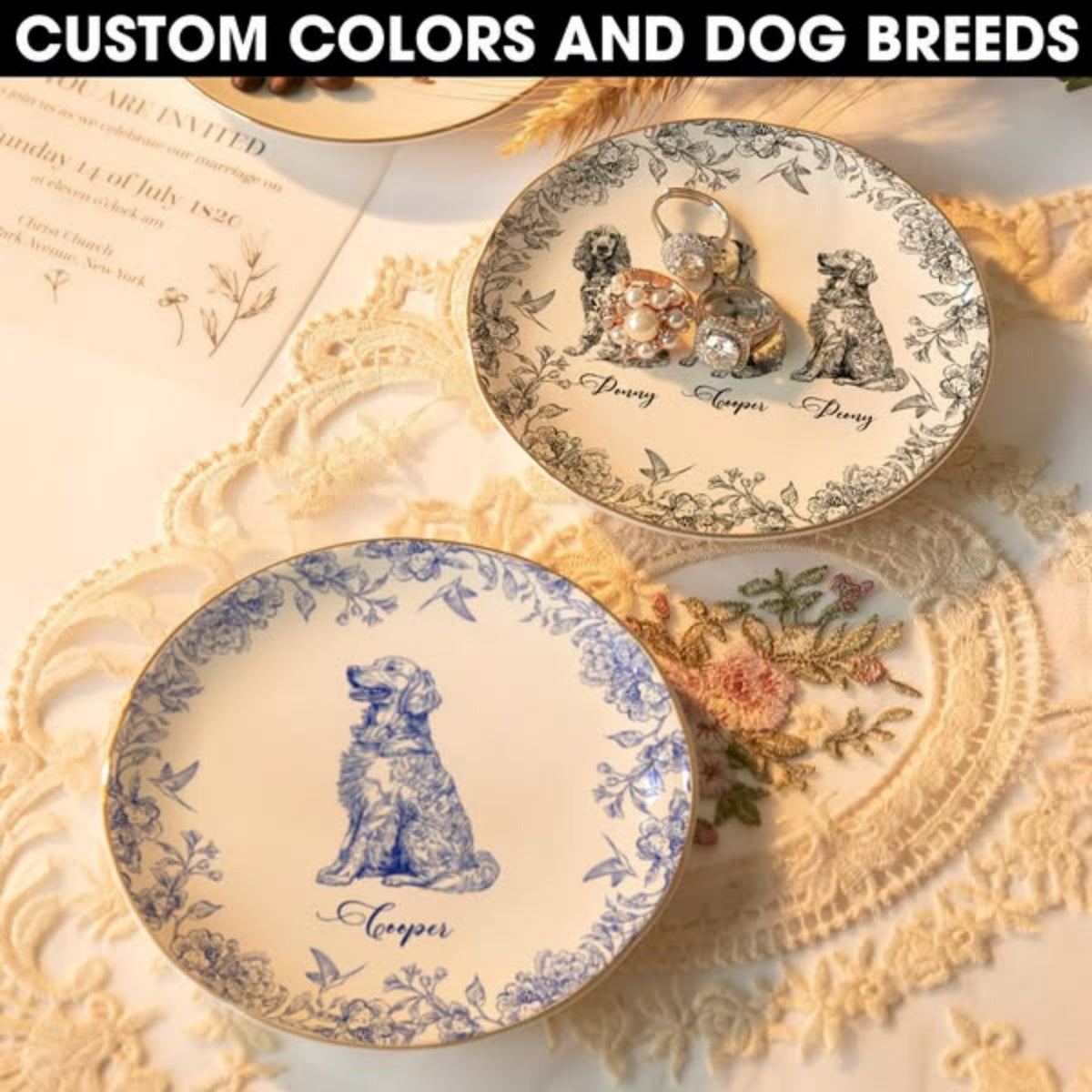 Dog Breeds Chinoiserie Toile De Jouy - Personalized Jewelry Dish - Gift For Dog Lovers