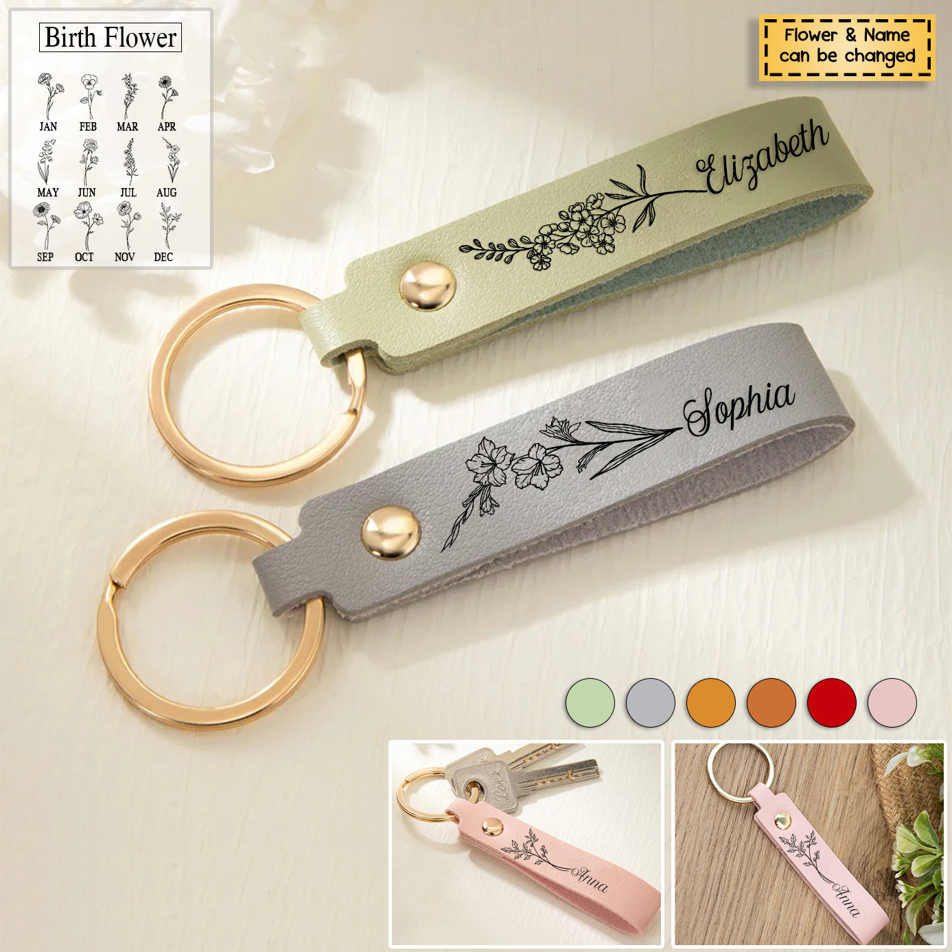 Personalized Birth Flower Leather Keychain - Gift Idea for Mother's Day/Birthday