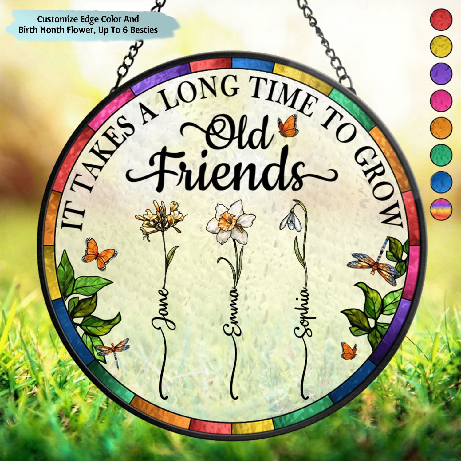 Birth Flower Grow An Old Friend - Personalized Stained Glass Window Hanging Suncatcher