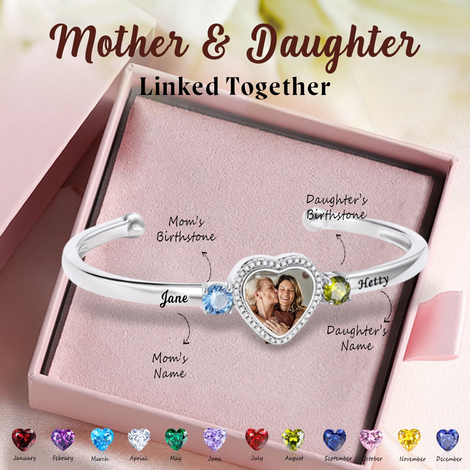 Personalized Heart Birthstone Bracelet-Gift For Mom, Grandma
