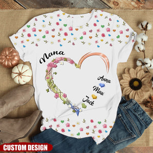 Personalized Grandma, Nana Flower Heart 3D T-shirt