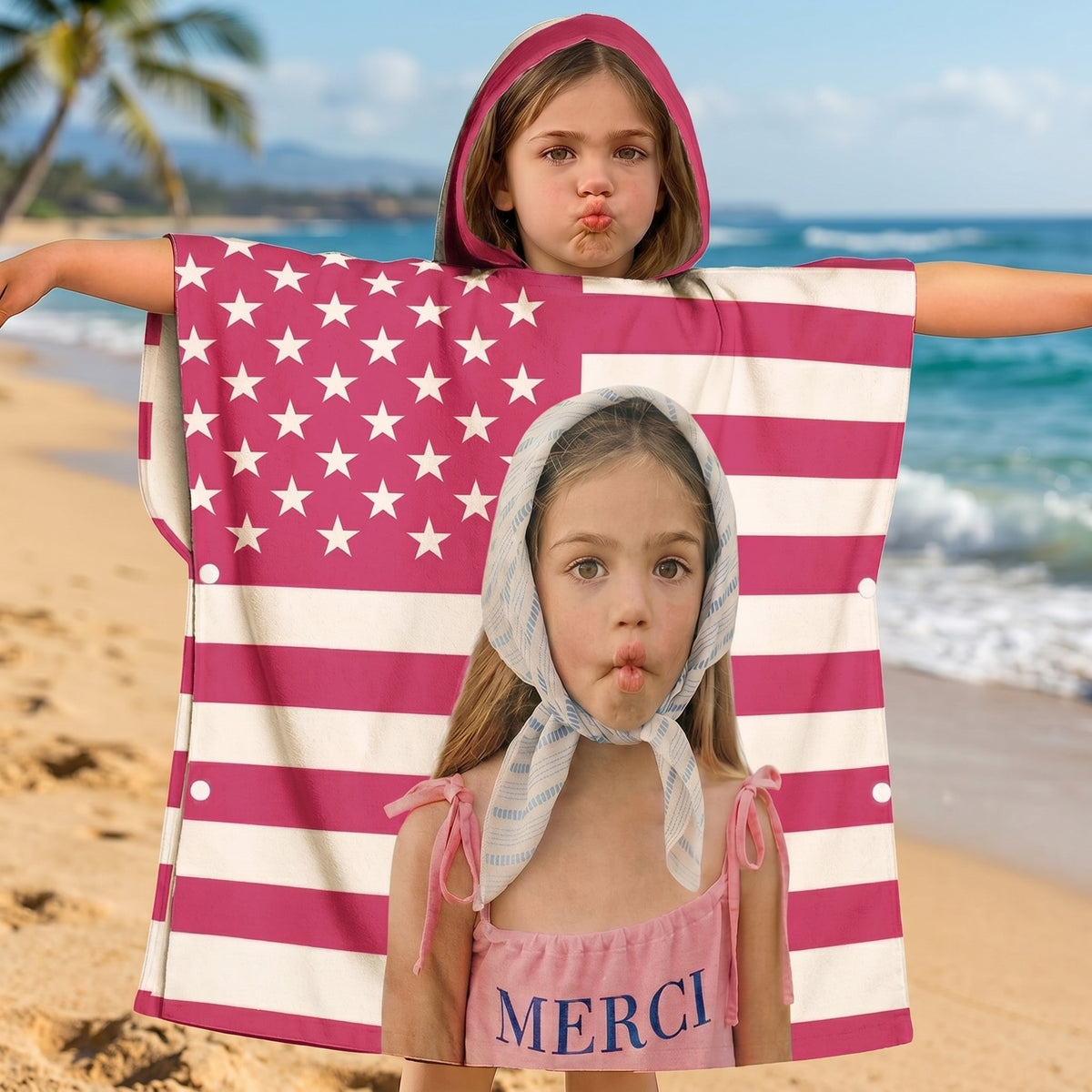 Funny American Flag With Kids Photos - Personalized Beach Towel