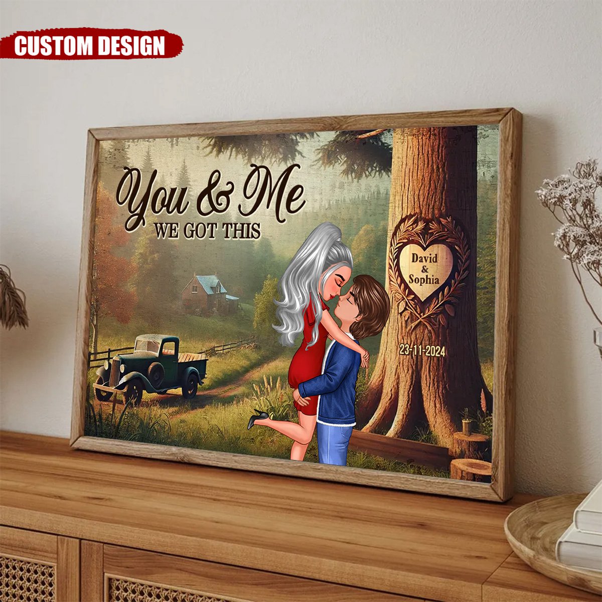 God Gave Me You - Personalized Vintage Woodland Carved Heart Tree Poster, Gift For Couple