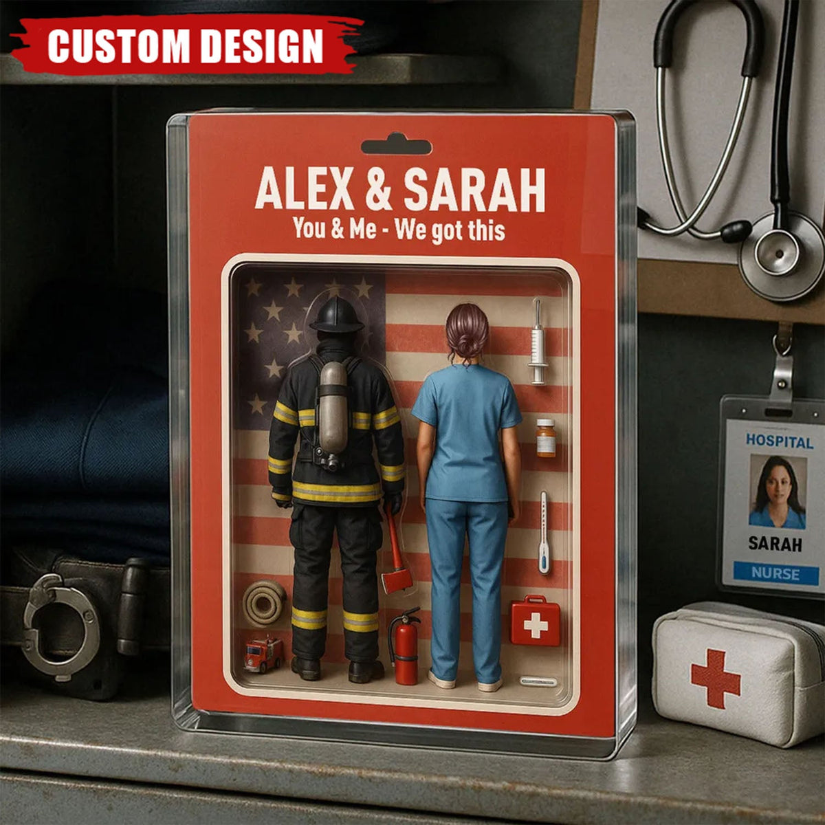 You & Me We Got This - Firefighter & Nurse Couple Toy Box Figures Style Personalized Acrylic Plaque
