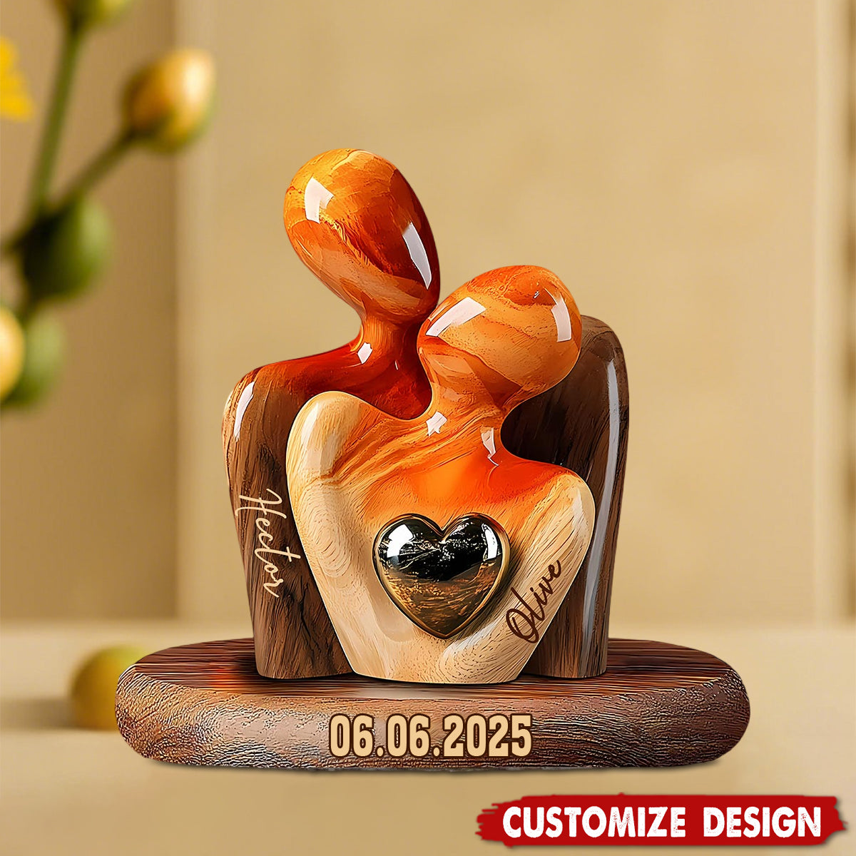 Elegant Couple Statue with Heart Inlay - Personalized Couple Wooden Plaque