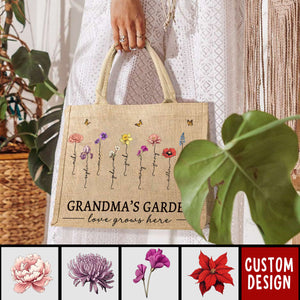 Grandma's Garden Love Grows Here - Personalized Jute Tote Bag