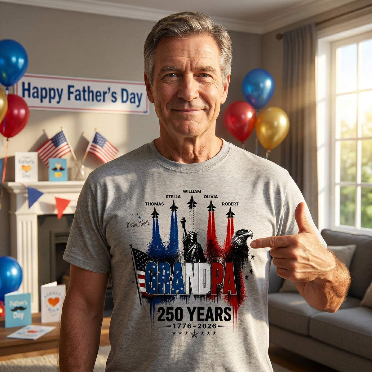 Strong Proud Grandpa Jet Fighter America 250th Anniversary - Personalized Shirt - Father's Day Gift For Dad, Grandpa
