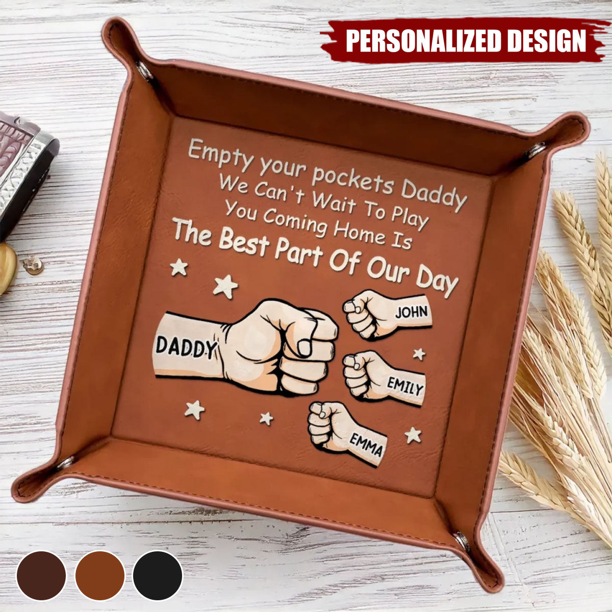 Dad’s Pocket Drop Zone-Personalized Leather Valet Tray-Gift For Dad,Grandpa