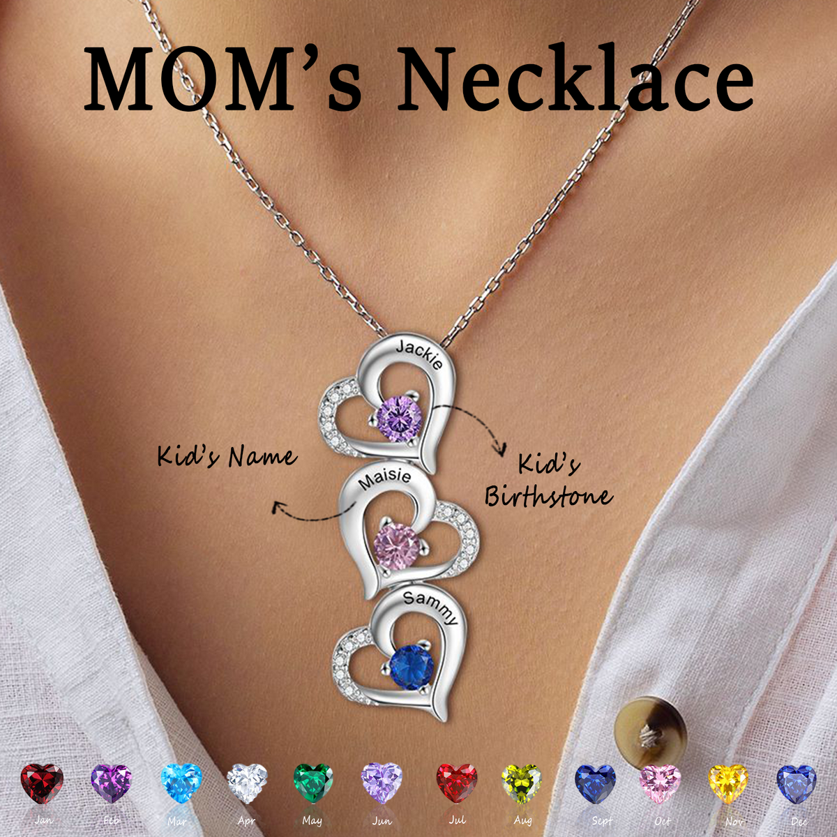 Personalized Heart Birthstone Necklace, Mother's Day Gift