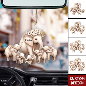 Mama Elephant With Little Kids - Personalized Acrylic Car Ornament - Mother's Day Gift