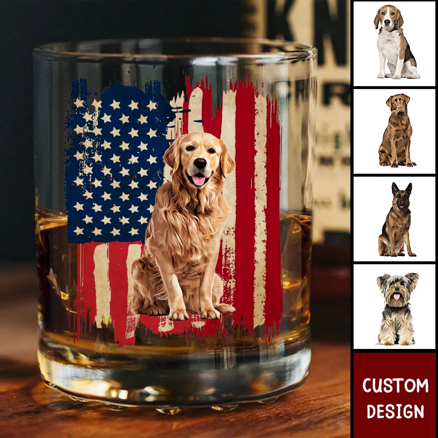 Personalized America Dog Flag Whiskey Glass -  Father's Day Gift for Dad and Husband