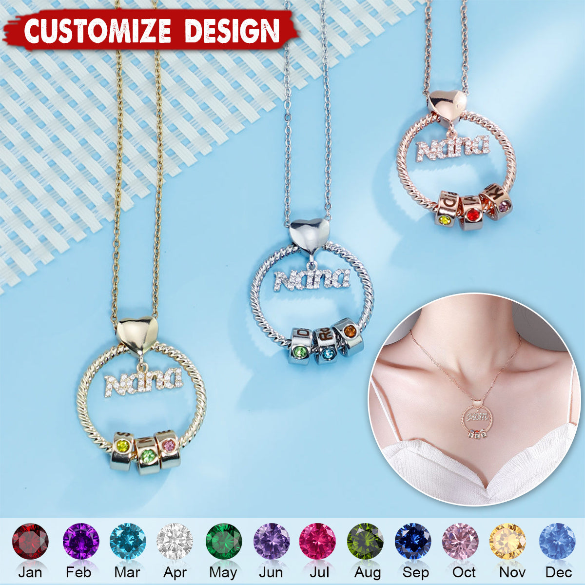 Personalized Circle Pendant With Birthstone Beads Necklace - Gift For Mom Grandma