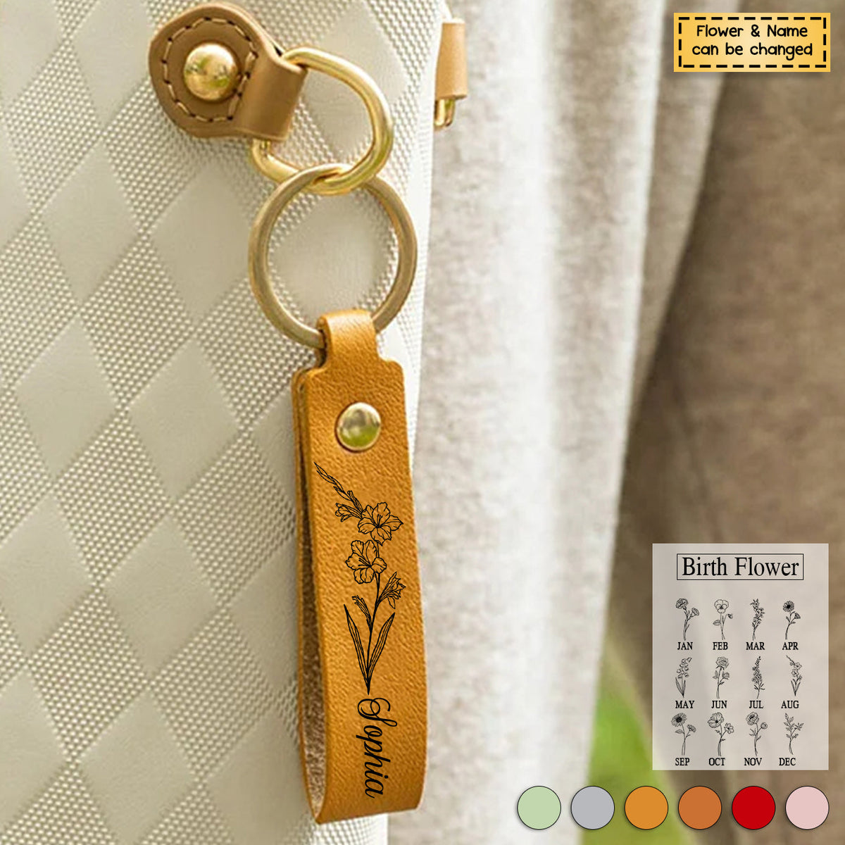 Personalized Birth Flower Leather Keychain - Gift Idea for Mother's Day/Birthday