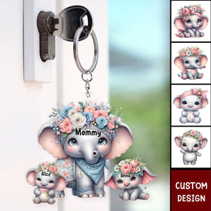 Grandma/Mama Elephant With Flowers - Personalized Acrylic Keychain - Gift For Mom, Grandma