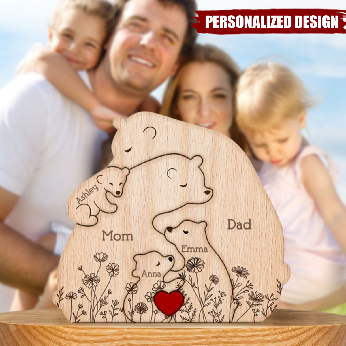 Hugging Bear Family Floral Version-Personalized Wooden Bear Family Puzzle