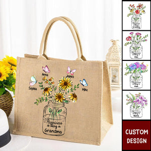 Happiness Is Being A Grandma Mom Vase of Flower - Personalized Jute Tote Bag