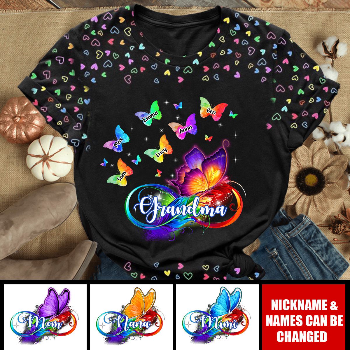 Colorful Butterfly Grandma with Grandkids Personalized 3D T-shirt
