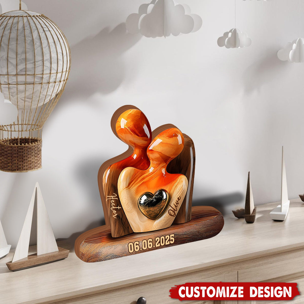 Elegant Couple Statue with Heart Inlay - Personalized Couple Wooden Plaque