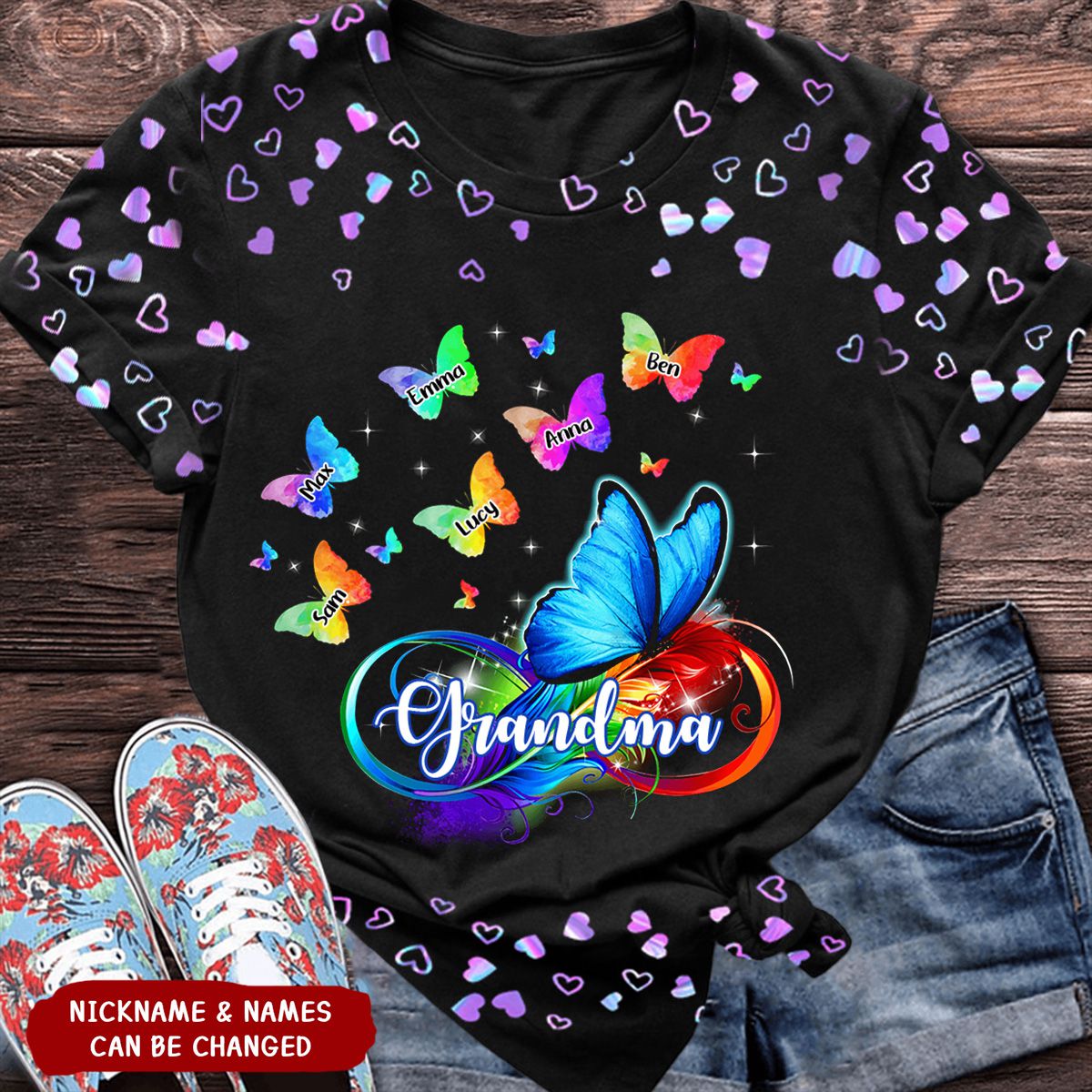 Colorful Butterfly Grandma with Grandkids Personalized 3D T-shirt