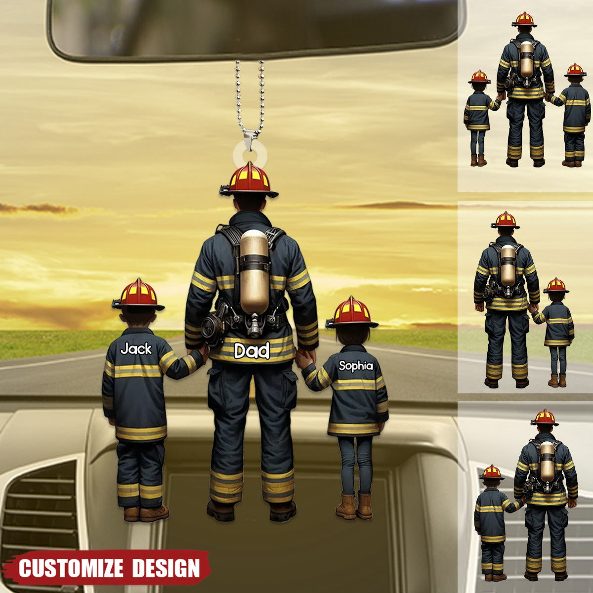 Firefighter Dad And Kids - Personalized Acrylic Car Ornament