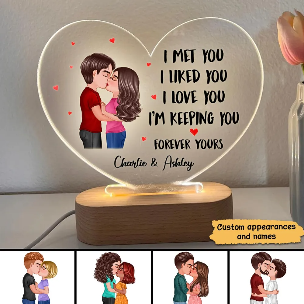 Doll Couple Kissing Gift For Him For Her Personalized Acrylic Heart Plaque LED Lamp Night Light