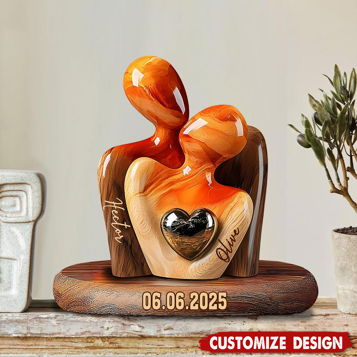 Elegant Couple Statue with Heart Inlay - Personalized Couple Wooden Plaque