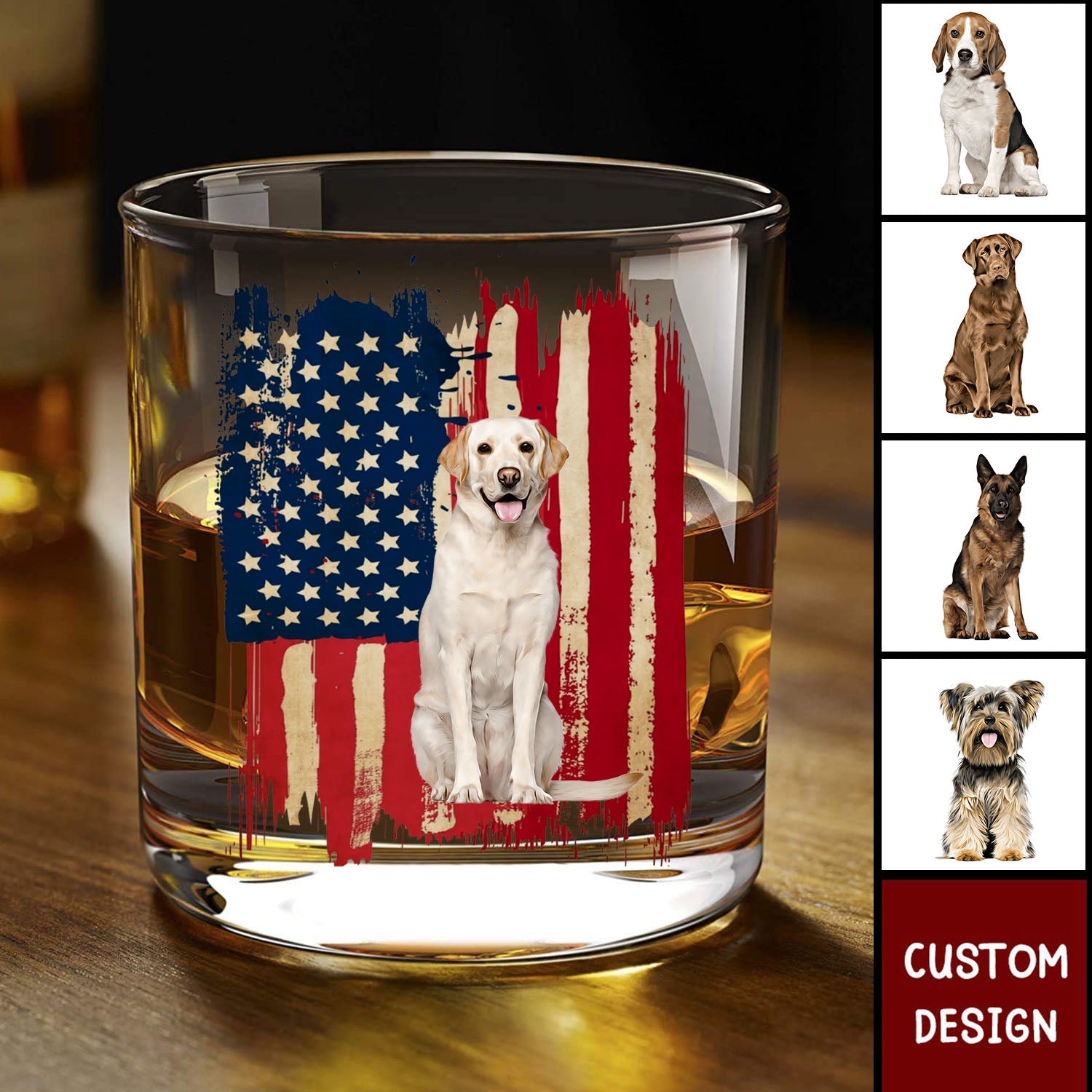 Personalized America Dog Flag Whiskey Glass