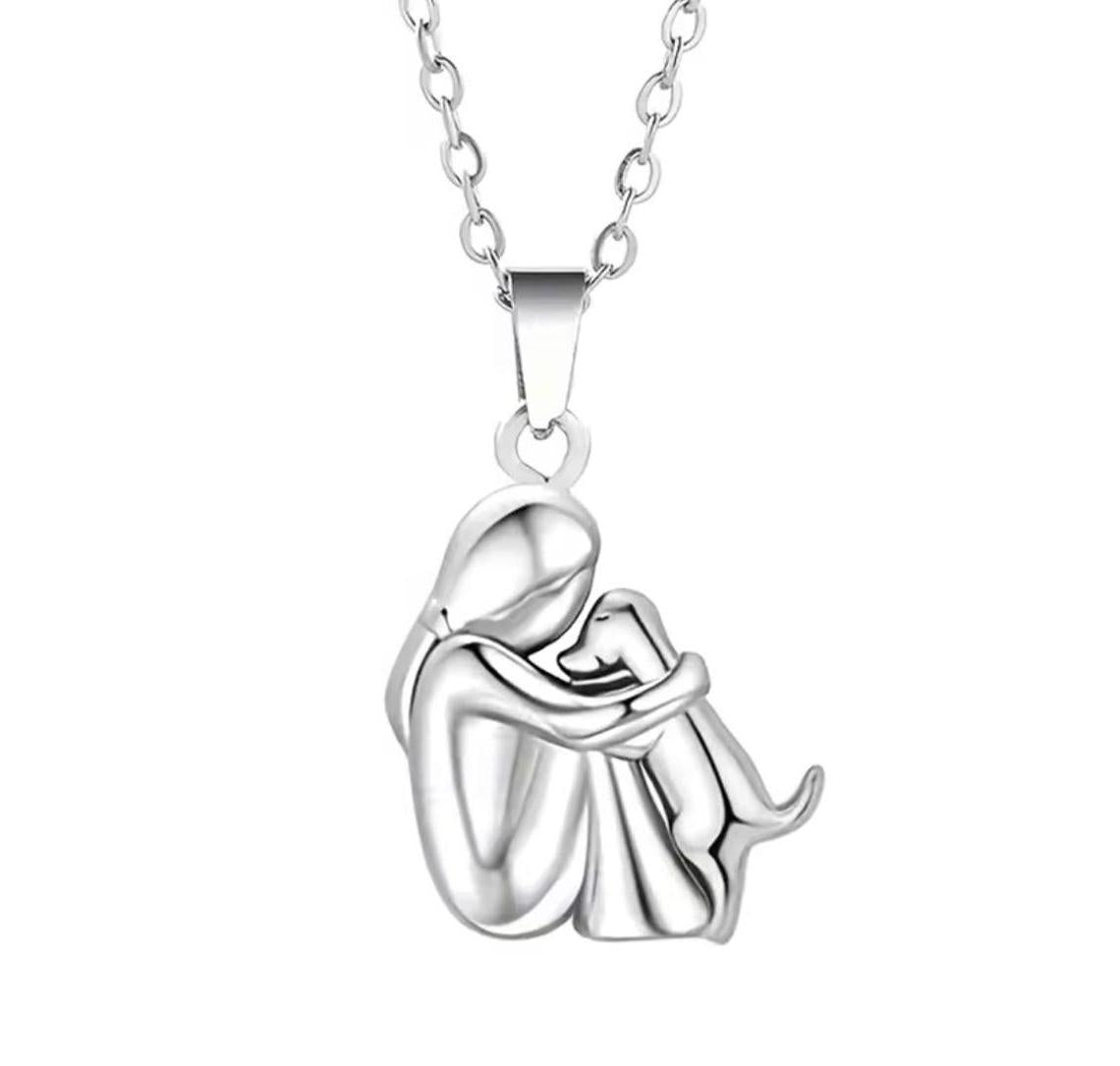 Pendants Puppy Woman Dog Hug Necklace-Gift For Animal Lover