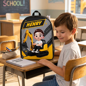 Cute Kid Ride Excavator - Personalized Backpack - Back To School Gift For Kids, Grandkids