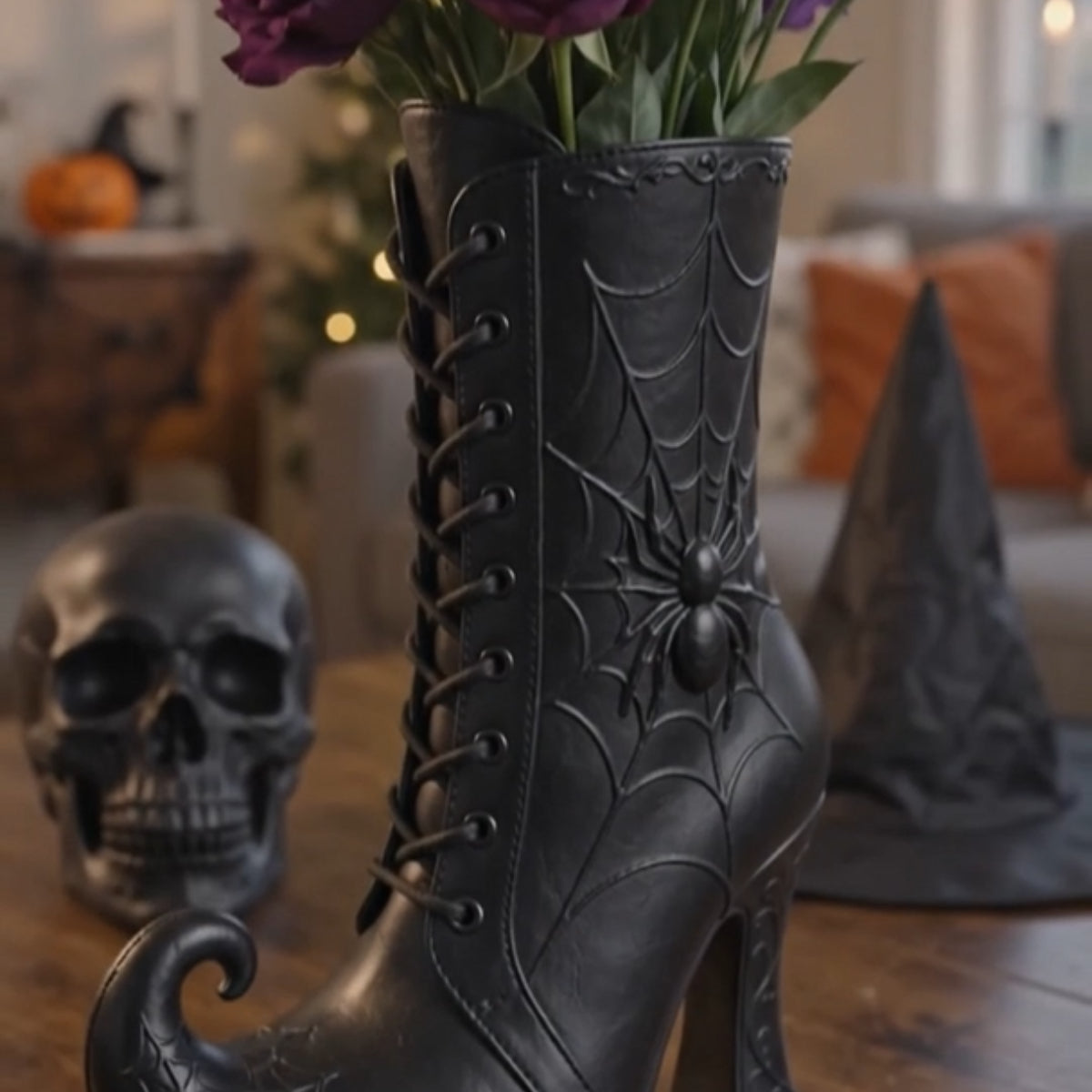 Halloween Witch Boot Vase, 3D Printed Spider Web Decor